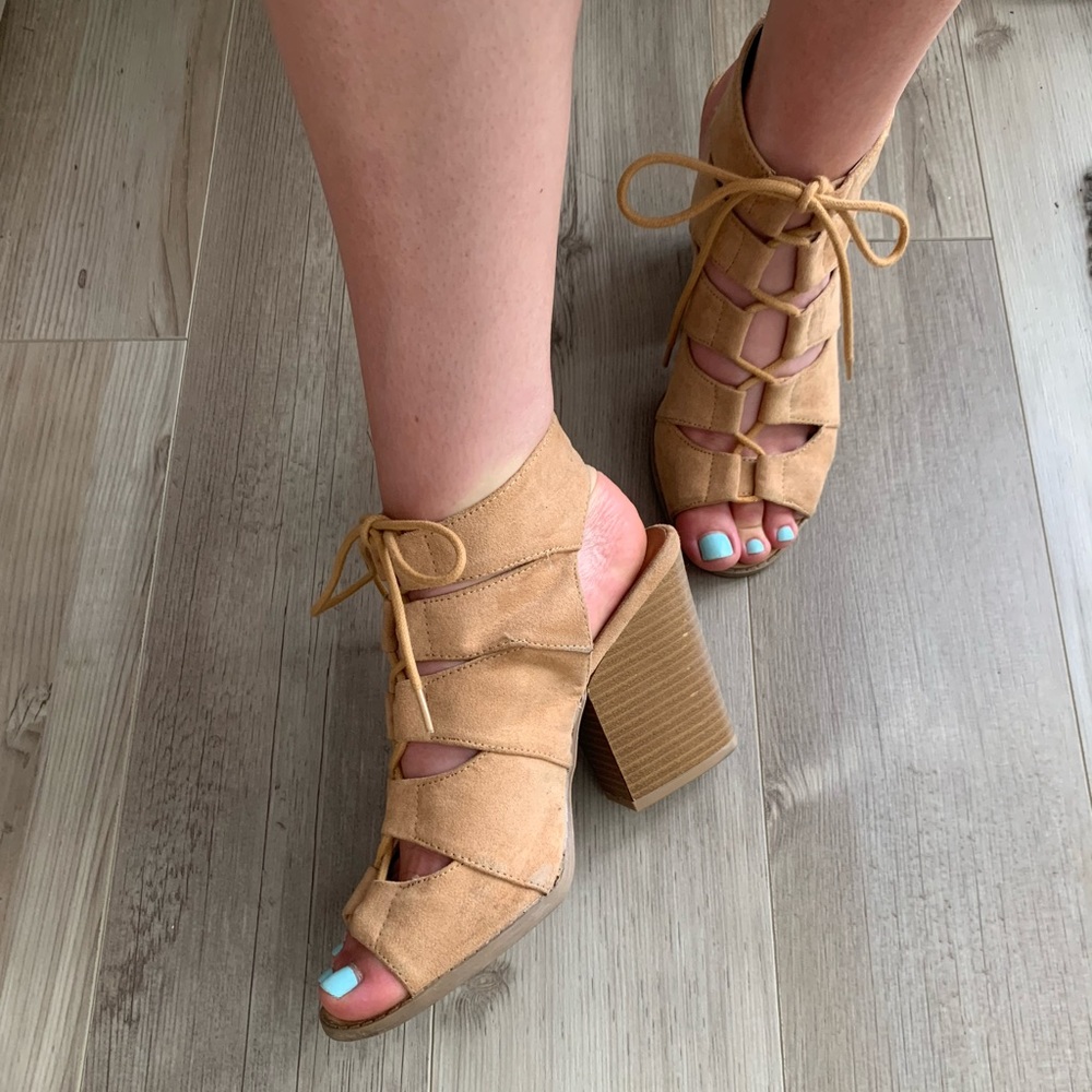 Tie Up Light Brown Chunky Heels